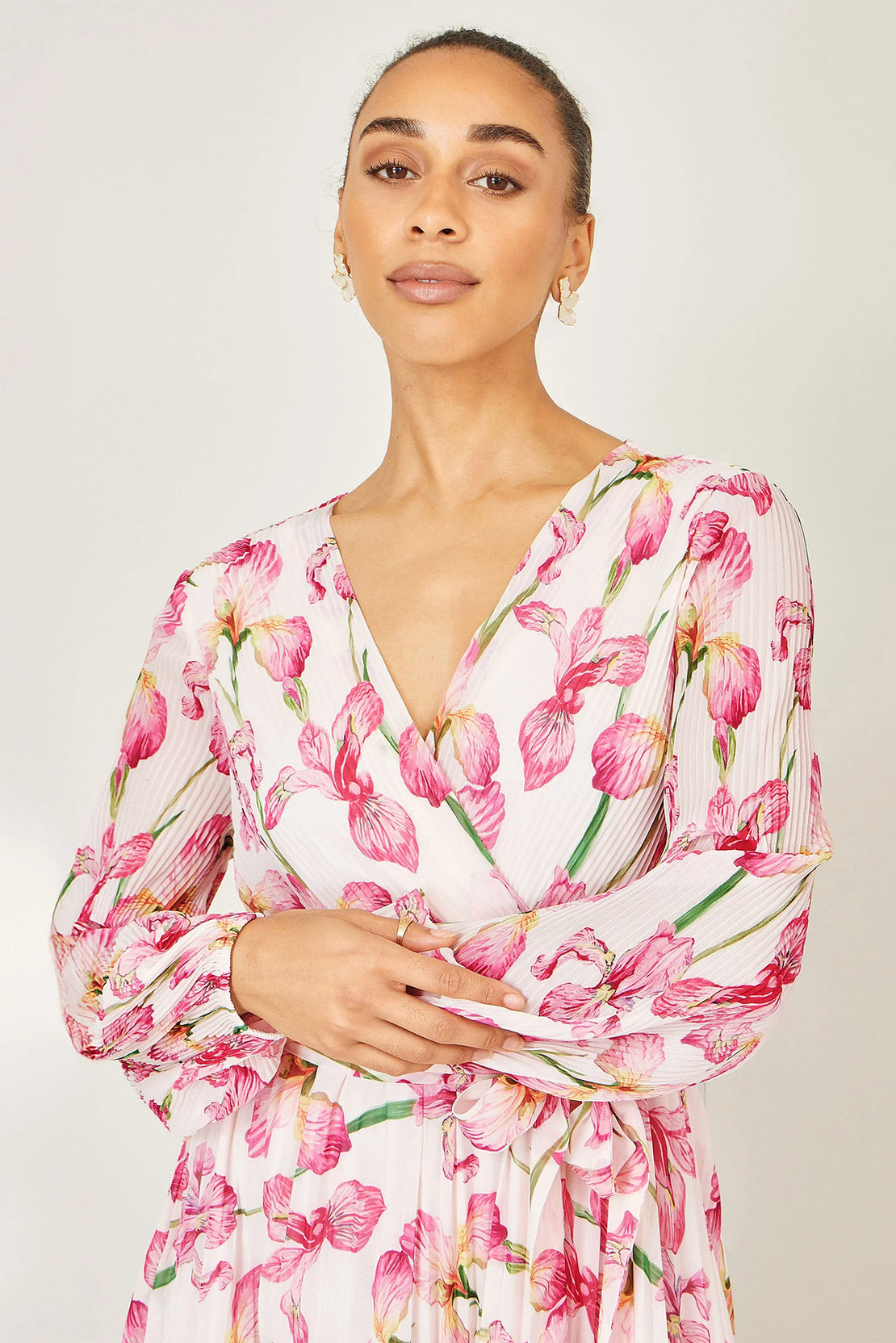Yumi Ivory Floral Wrap Maxi Dress | Pleated | Wedding | UK 6–18 - QHA UK