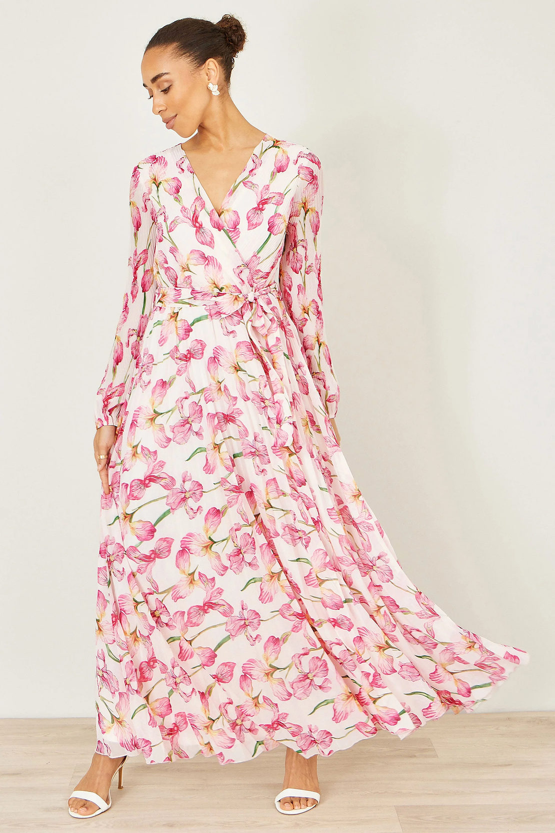 Yumi Ivory Floral Wrap Maxi Dress | Pleated | Wedding | UK 6–18 - QHA UK