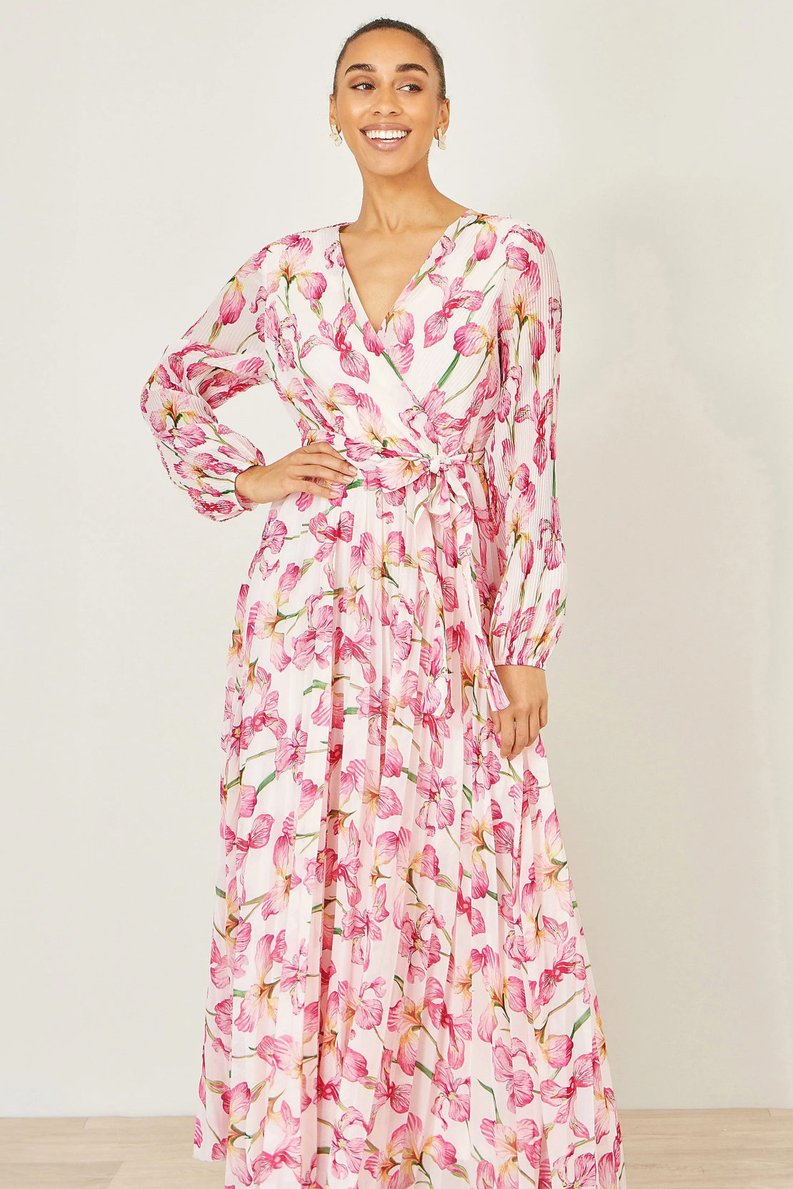 Yumi Ivory Floral Wrap Maxi Dress | Pleated | Wedding | UK 6–18 - QHA UK