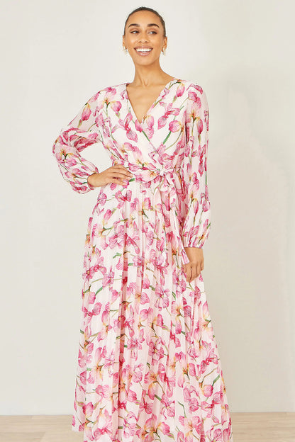 Yumi Ivory Floral Wrap Maxi Dress | Pleated | Wedding | UK 6–18 - QHA UK