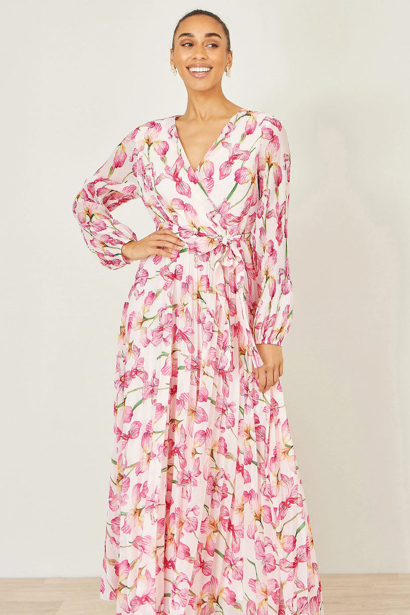 Yumi Ivory Floral Wrap Maxi Dress | Pleated | Wedding | UK 6–18 - QHA UK