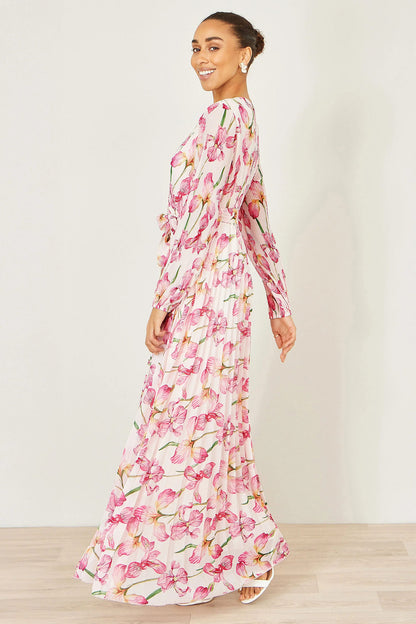 Yumi Ivory Floral Wrap Maxi Dress | Pleated | Wedding | UK 6–18 - QHA UK