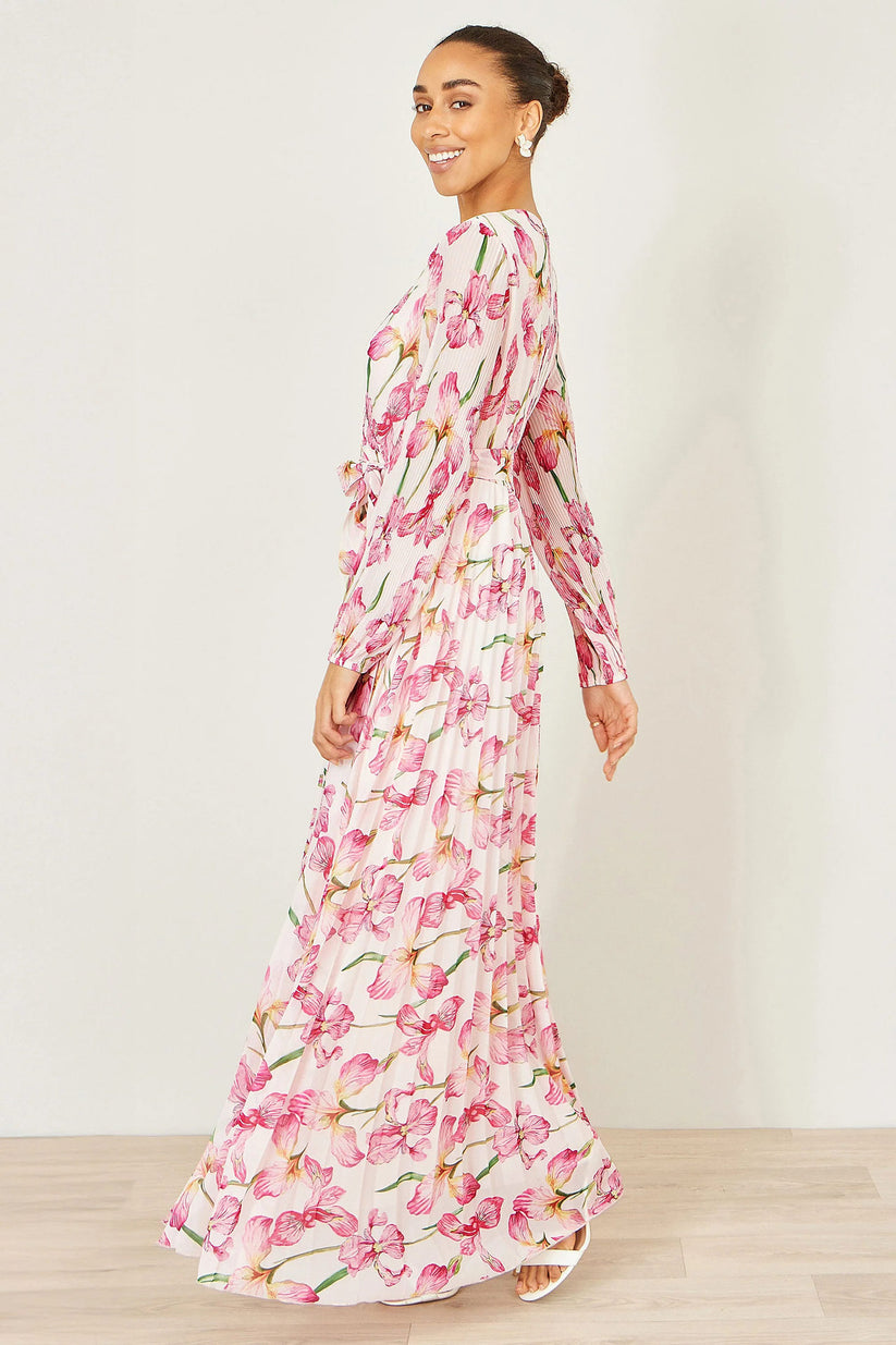 Yumi Ivory Floral Wrap Maxi Dress | Pleated | Wedding | UK 6–18 - QHA UK
