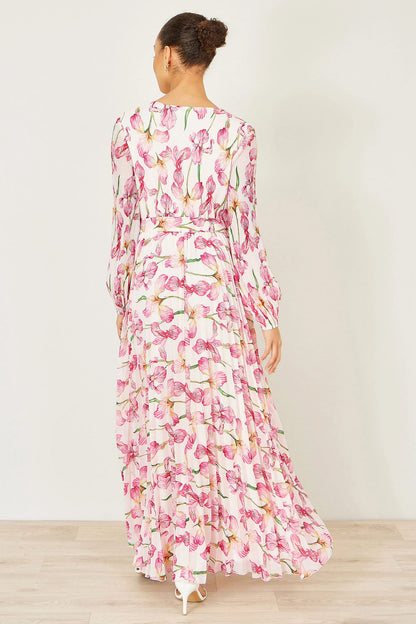 Yumi Ivory Floral Wrap Maxi Dress | Pleated | Wedding | UK 6–18 - QHA UK