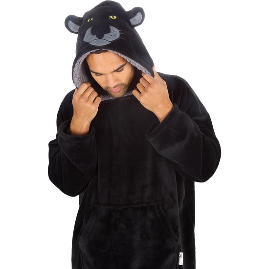 Huggable Hoodies Men's Panther Hood Fleece Lounge Hoodie One in Black – Front View
