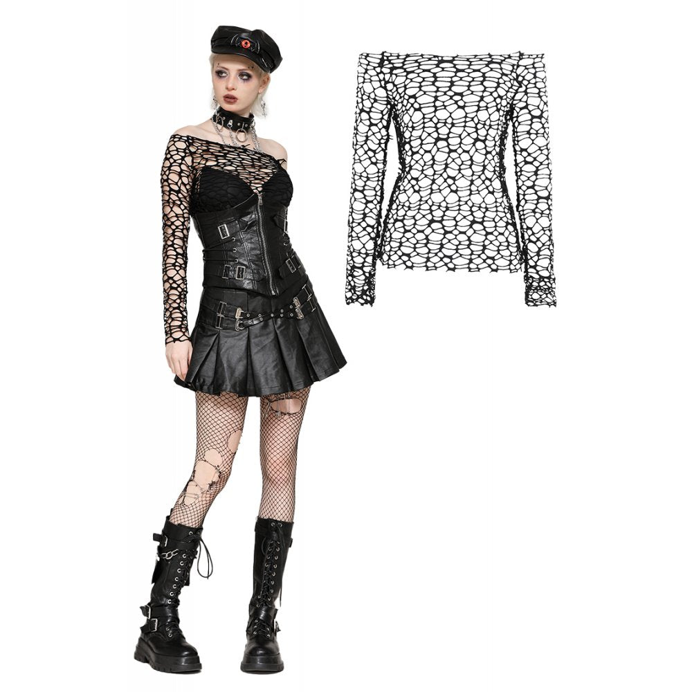 Kate's Clothing Dark In Love Darcy Distressed Net Top in Black – Front View