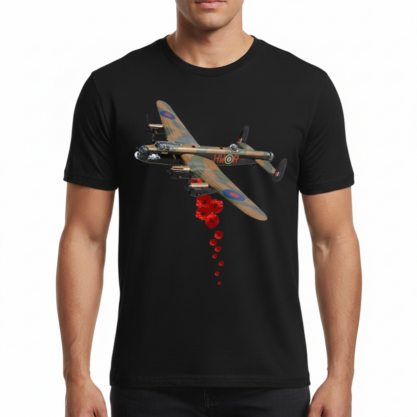 QHA UK Lancaster Bomber Poppy Men's RAF T-Shirt Remembrance – Front View