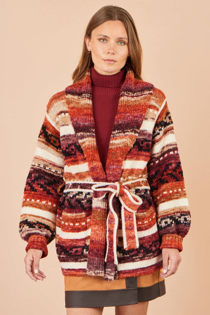 Yumi Burnt Fairisle-Inspired Open-Front Cardigan in Orange – Front View