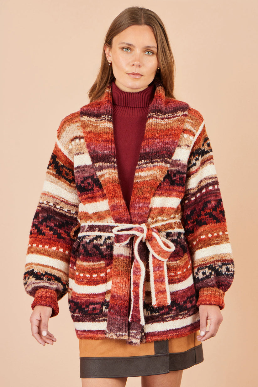 Yumi Burnt Fairisle-Inspired Open-Front Cardigan in Orange – Front View