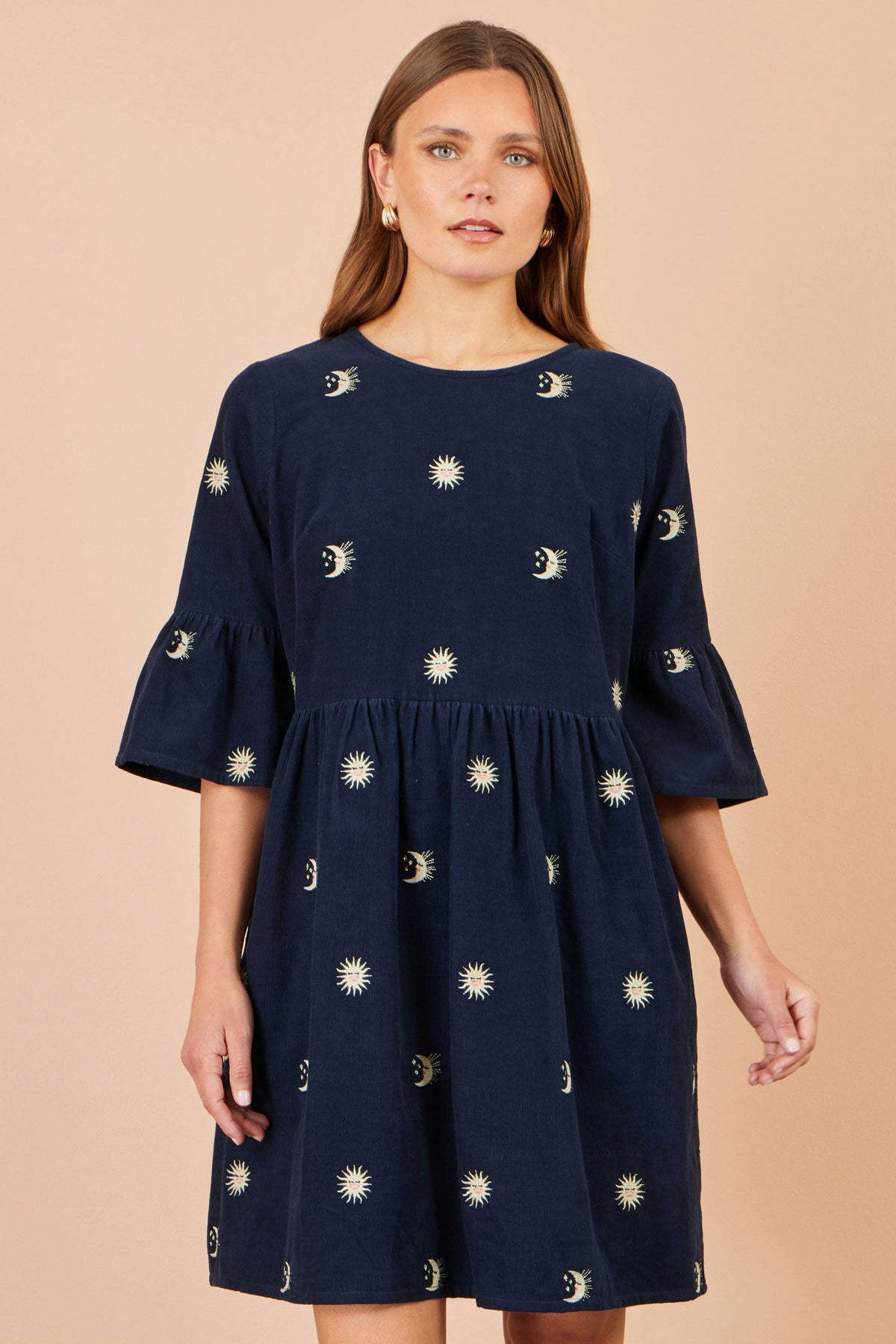 Yumi Cotton Cord Smock Tunic with Sun and in Navy – Front View