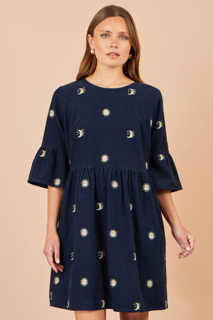 Yumi Cotton Cord Smock Tunic with Sun and in Navy – Front View
