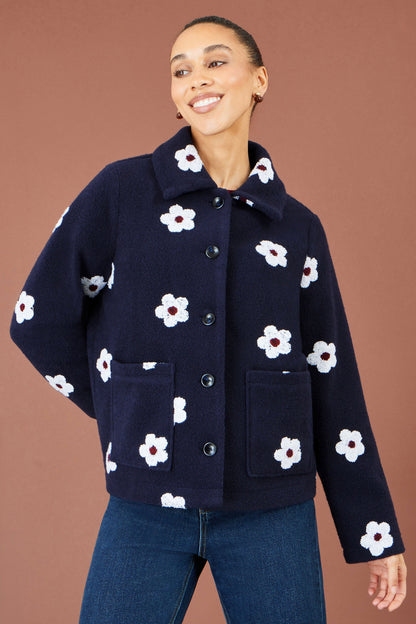 Yumi Embroidered Daisy Fleece Jacket Floral Motif in Navy – Front View
