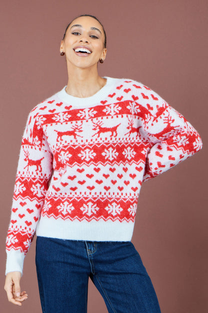Yumi Fairisle Christmas Jumper Reindeer Heart Motifs in Red – Front View