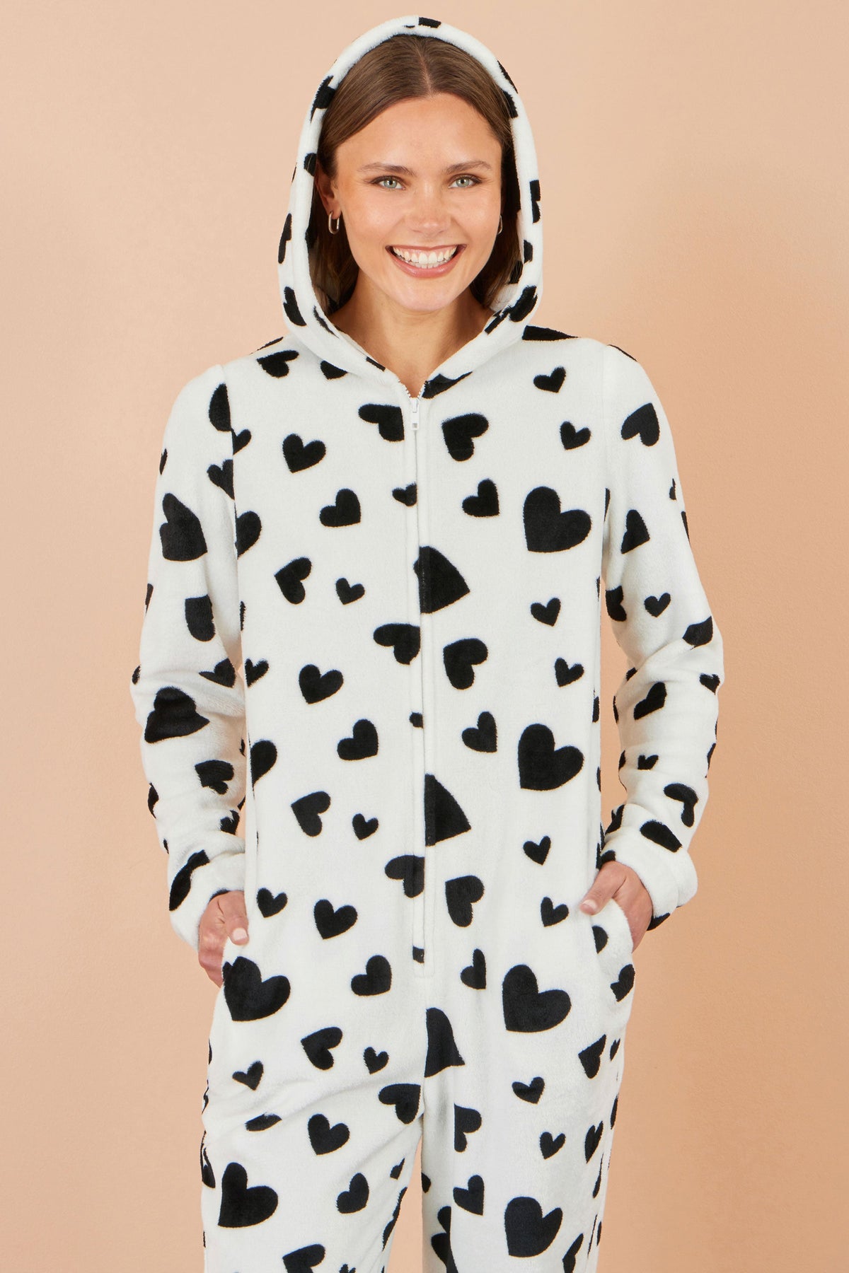 Yumi Heart Print Hooded Fleece Onesie with Pockets in White – Front View