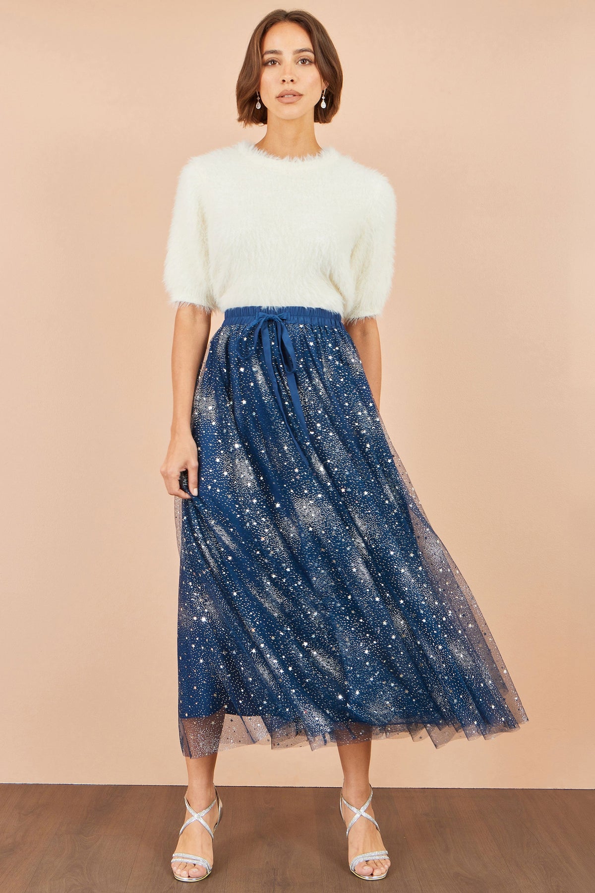 Yumi Star Sparkle Tulle Skirt Glitter Print in Navy – Front View