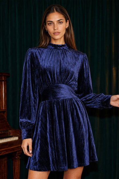 Yumi Velvet High-Neck Long-Sleeve Skater Dress in Navy – Front View