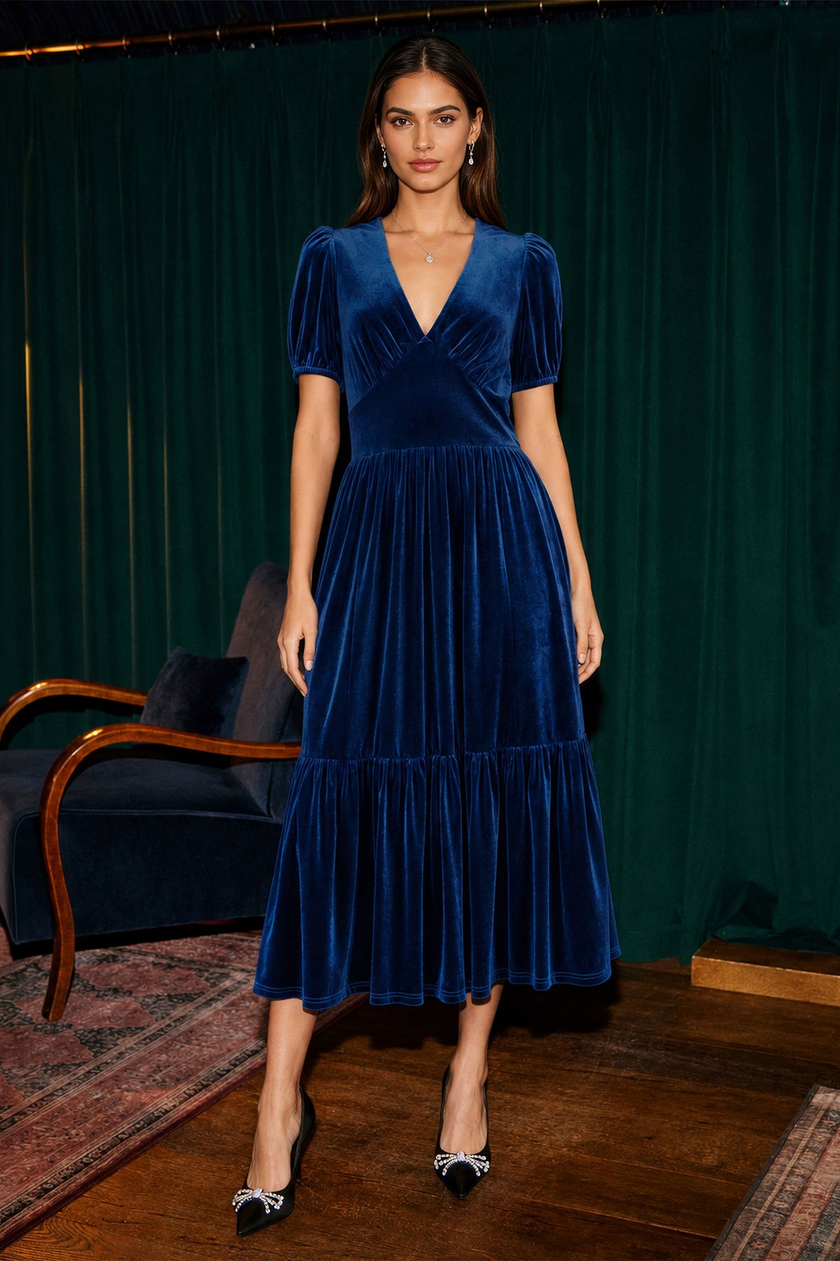 Yumi Velvet V-Neck Midi Dress with Pockets in Teal – Front View