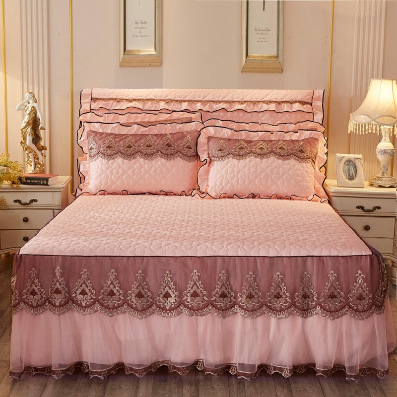 Quilted Luxury Lace Cotton Bed Skirt Suit