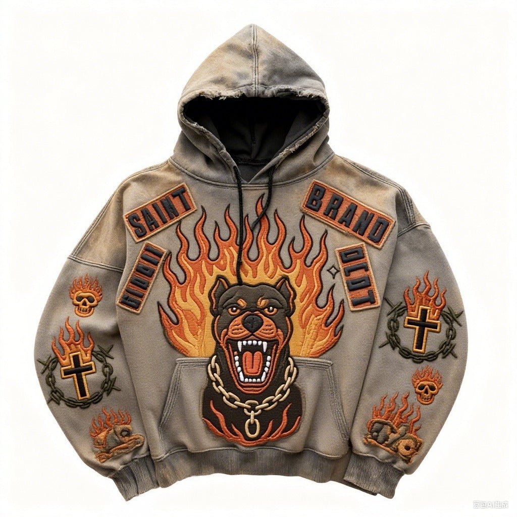 Retro Fiery Dog Design Print Loose Fit Hoodie