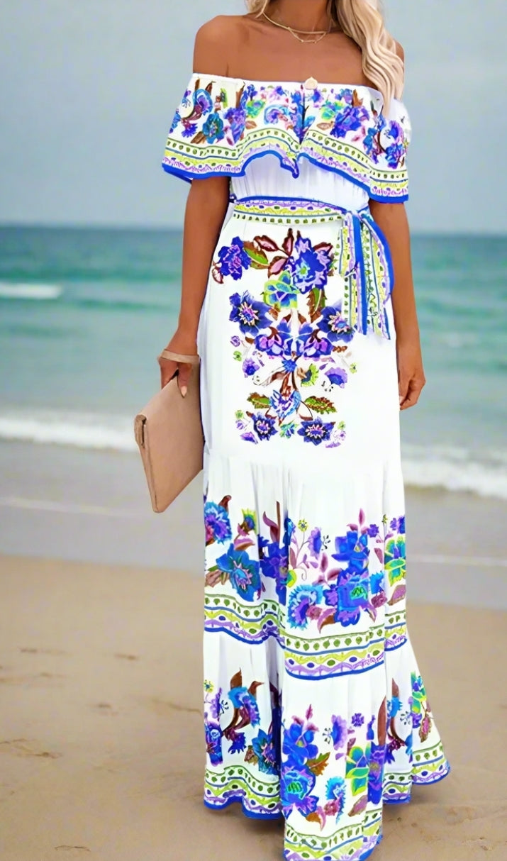 Elegant One-Shoulder Floral Maxi Dress with Lace-Up Waist