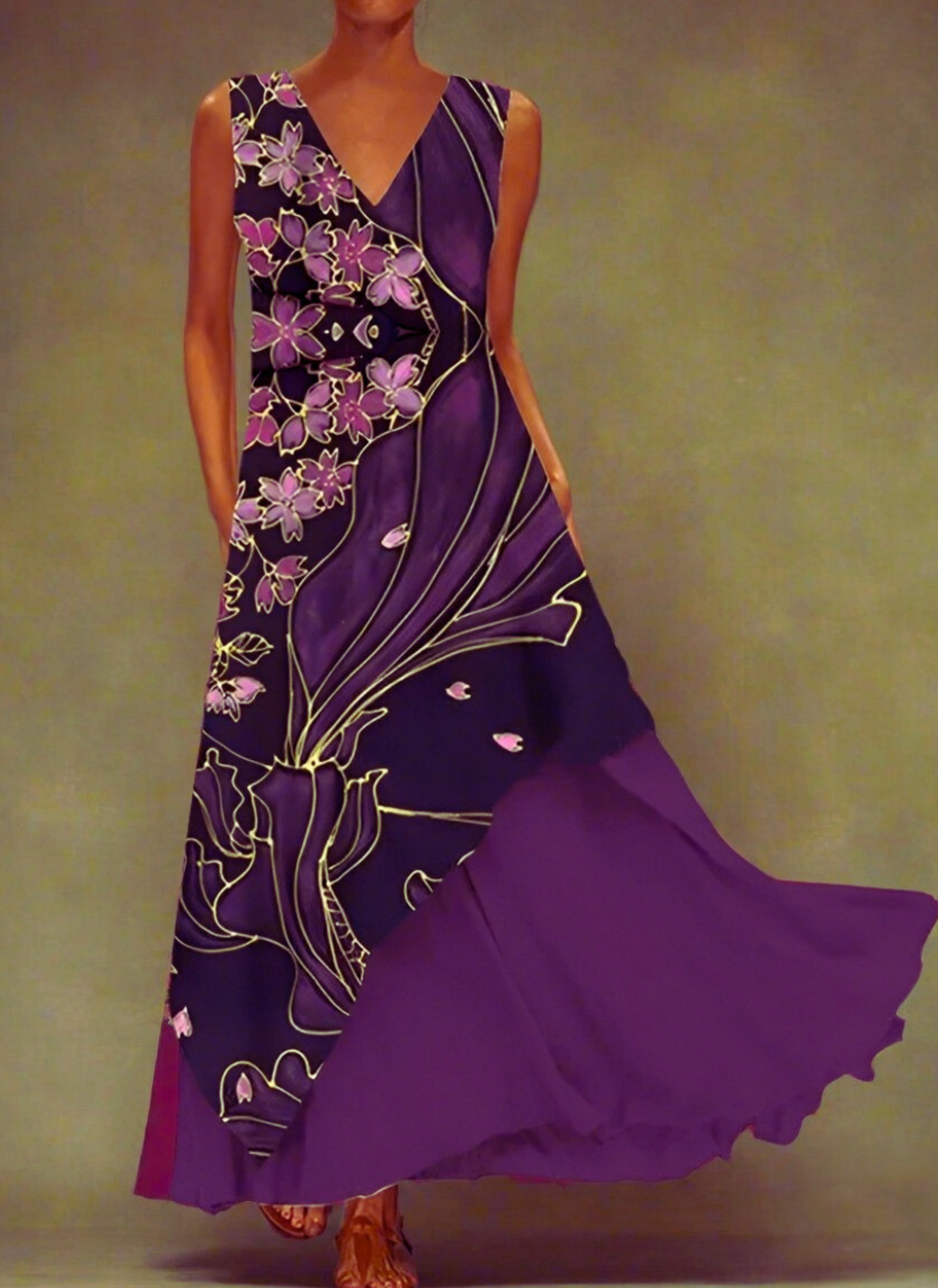 Boho Sleeveless V-Neck Long Dress – Women's Layered Summer Maxi with Floral Print