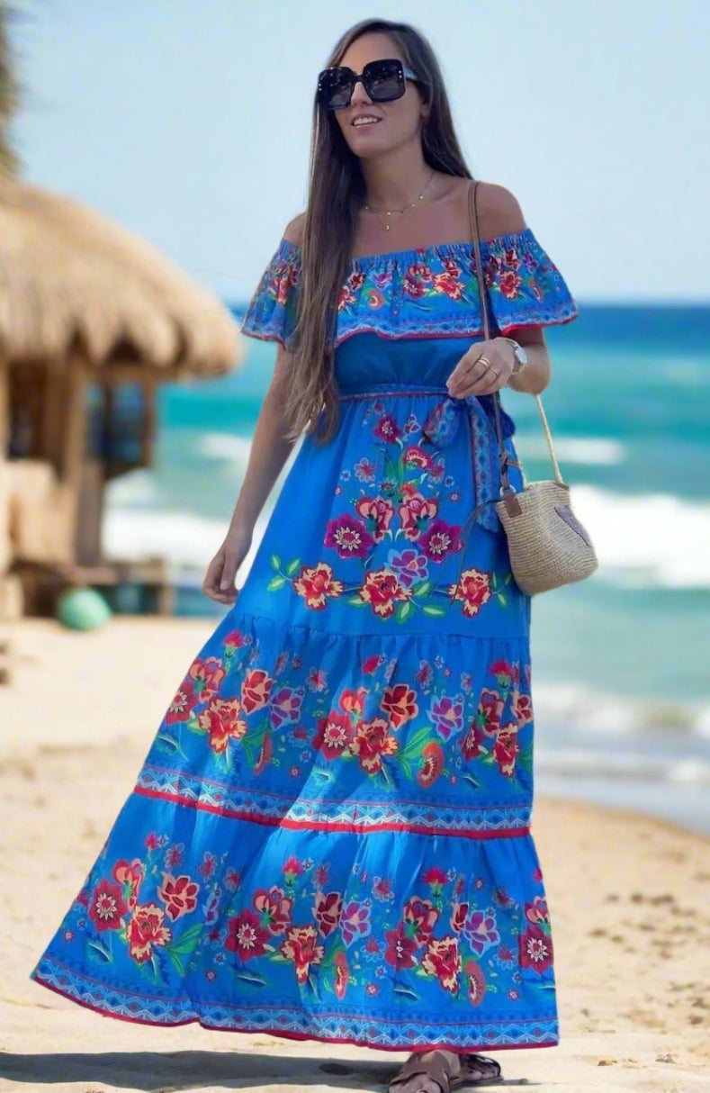 Elegant One-Shoulder Floral Maxi Dress with Lace-Up Waist