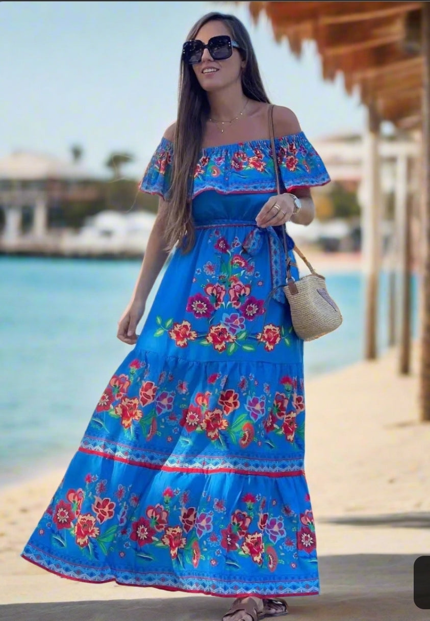 Elegant One-Shoulder Floral Maxi Dress with Lace-Up Waist
