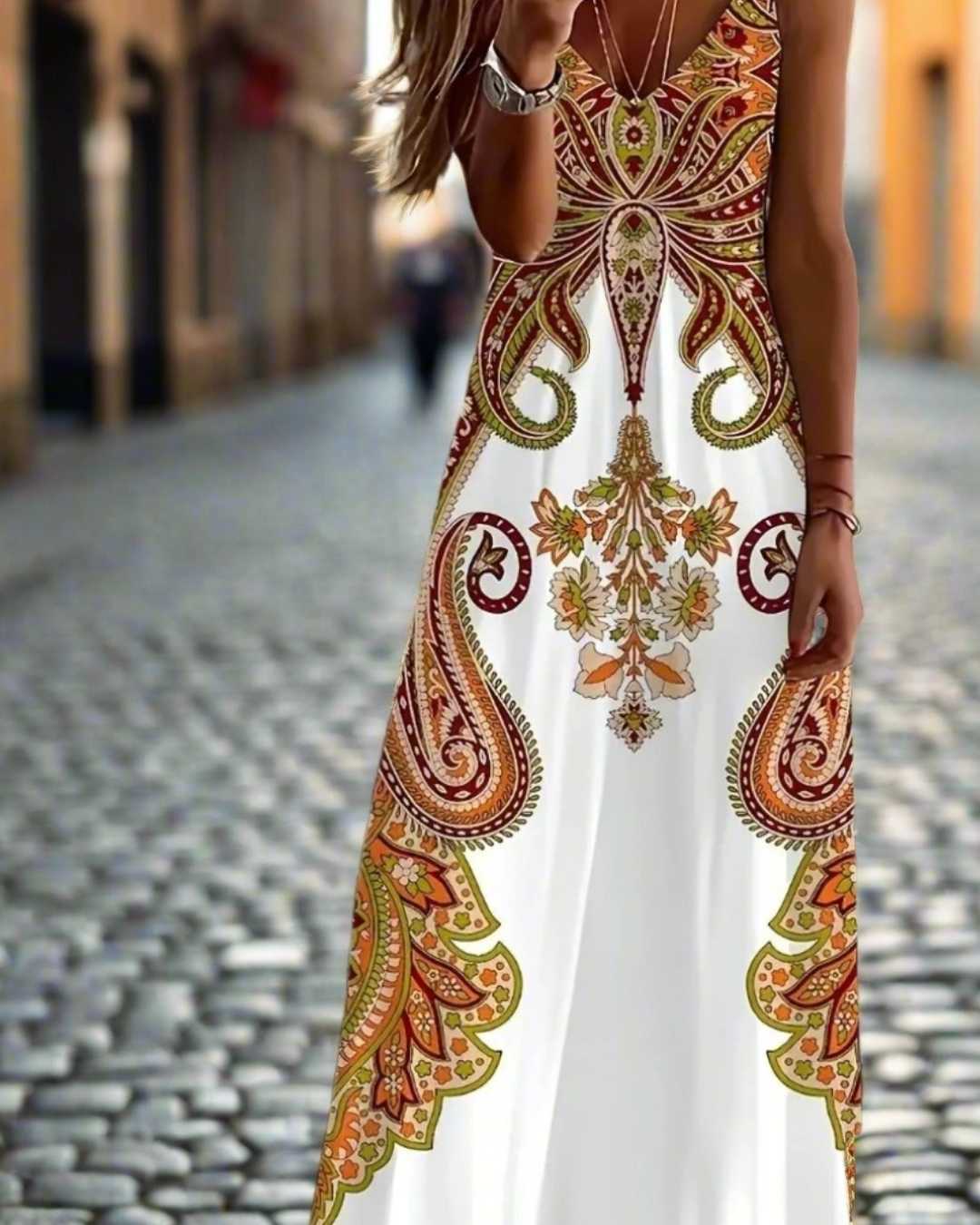 Boho Floral Maxi Dress – Women's V-Neck Spaghetti Strap Summer Beach Dress