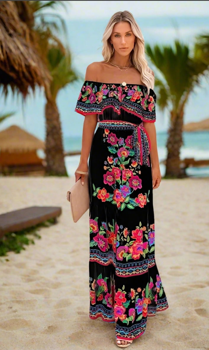 Elegant One-Shoulder Floral Maxi Dress with Lace-Up Waist