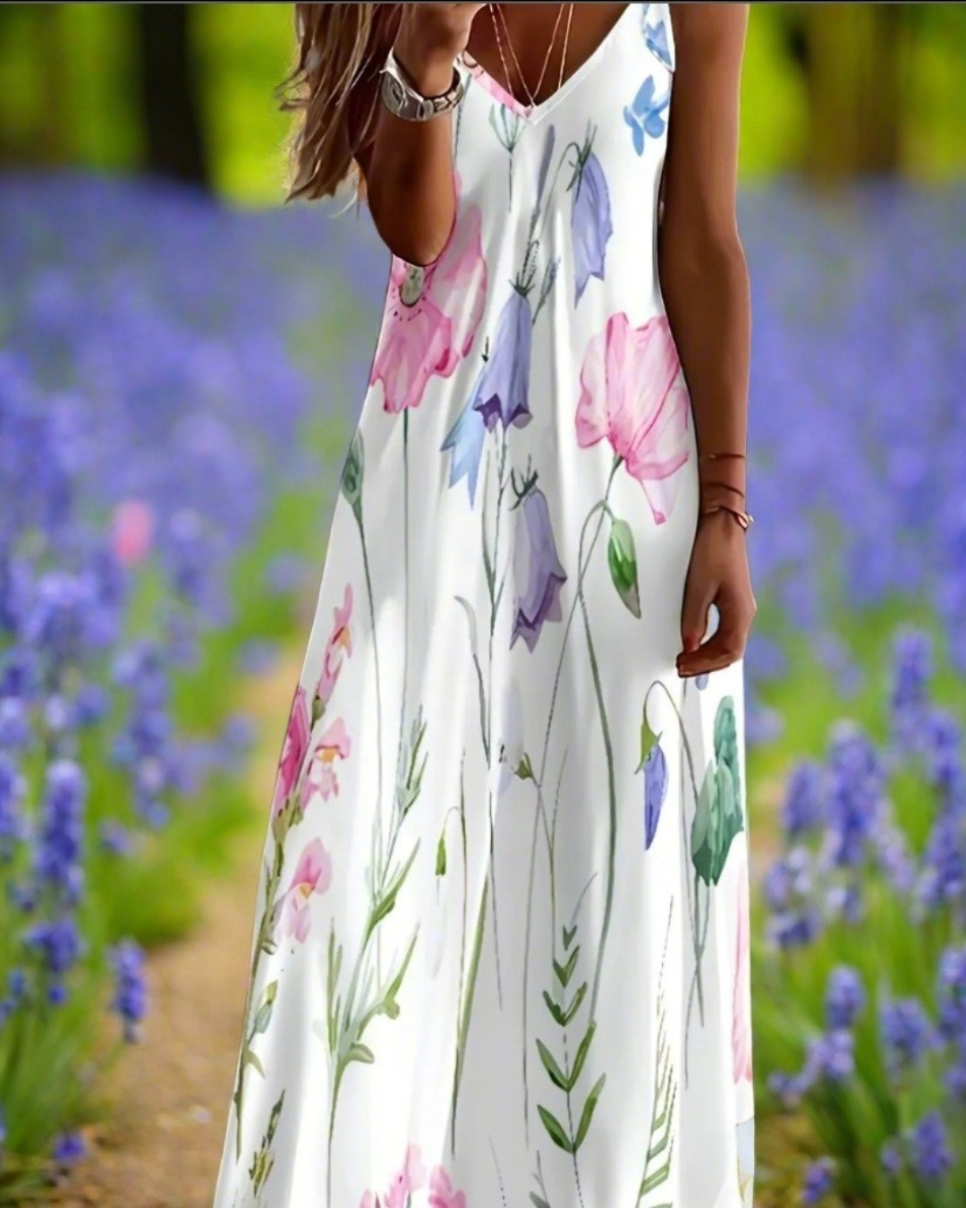 Boho Floral Maxi Dress – Women's V-Neck Spaghetti Strap Summer Beach Dress