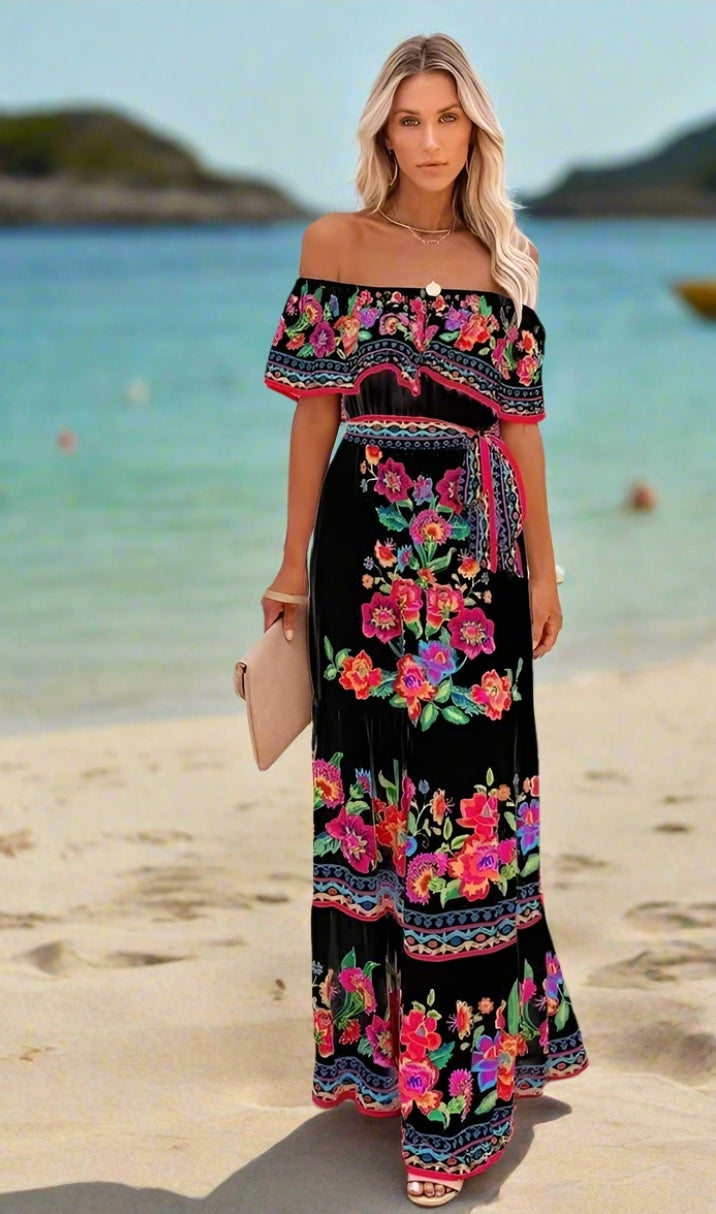 Elegant One-Shoulder Floral Maxi Dress with Lace-Up Waist