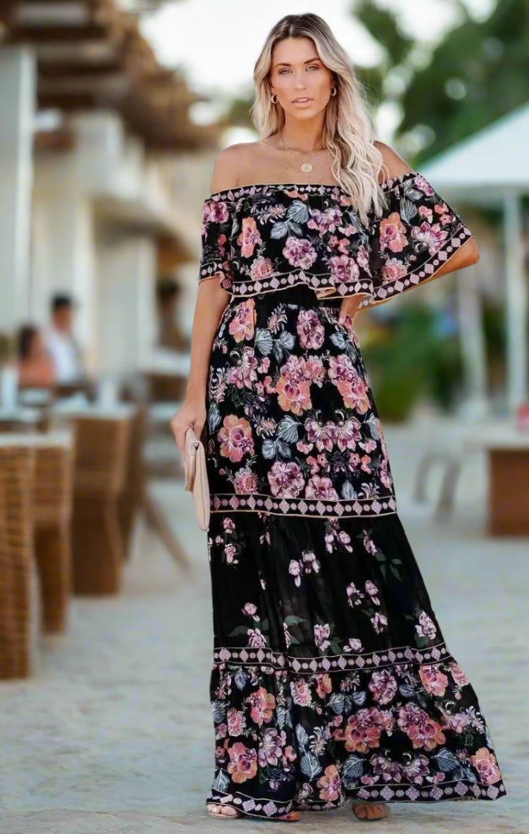Elegant One-Shoulder Floral Maxi Dress with Lace-Up Waist