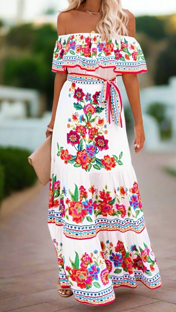 Elegant One-Shoulder Floral Maxi Dress with Lace-Up Waist