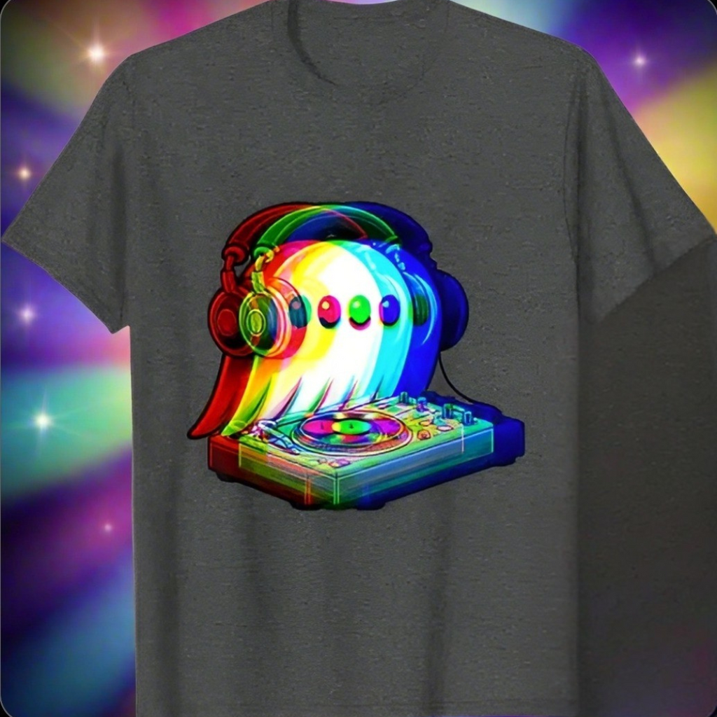 1.Dark Grey - Ghost DJ Optical Illusion T-Shirt – Trippy EDM Rave Halloween Tee for House Music Lovers