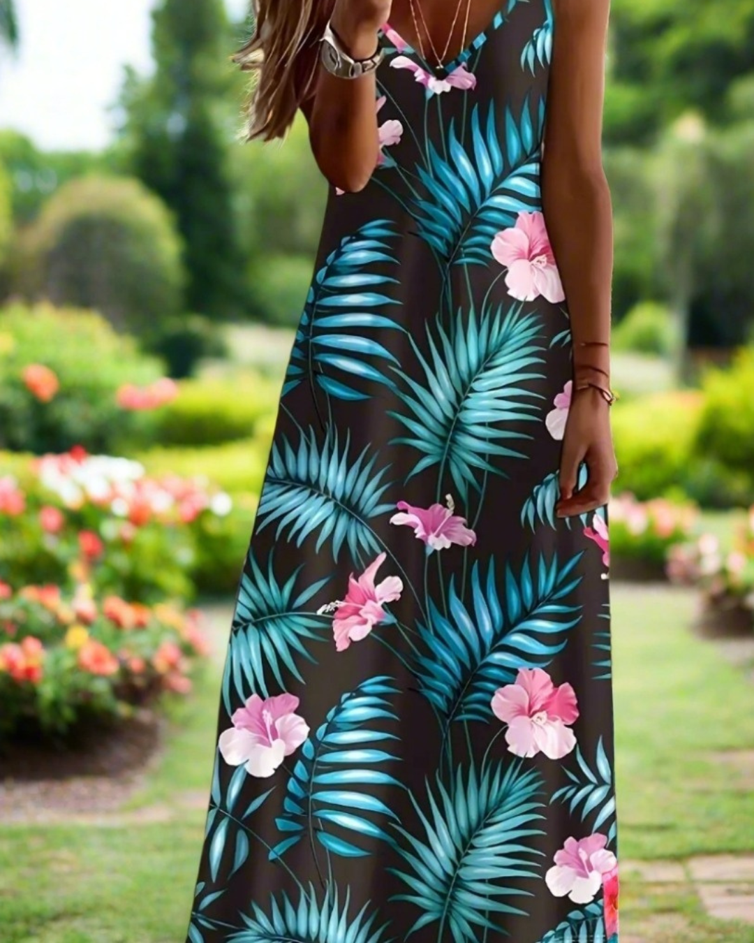 Boho Floral Maxi Dress – Women's V-Neck Spaghetti Strap Summer Beach Dress