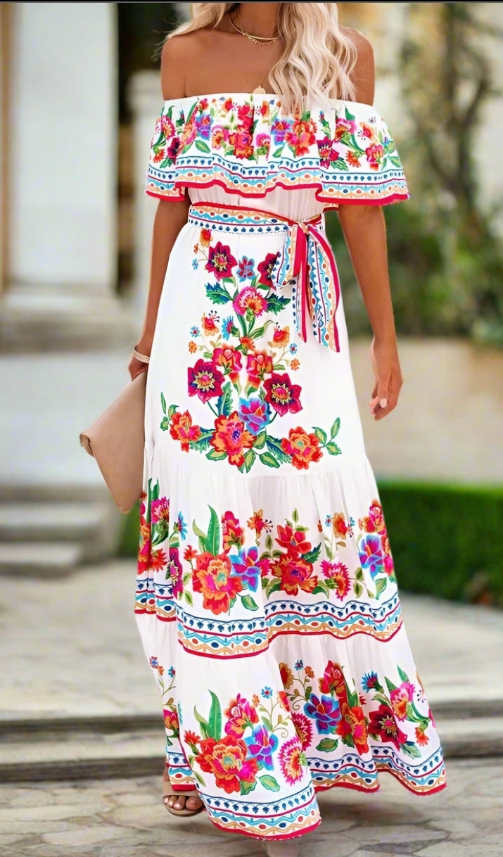 Elegant One-Shoulder Floral Maxi Dress with Lace-Up Waist