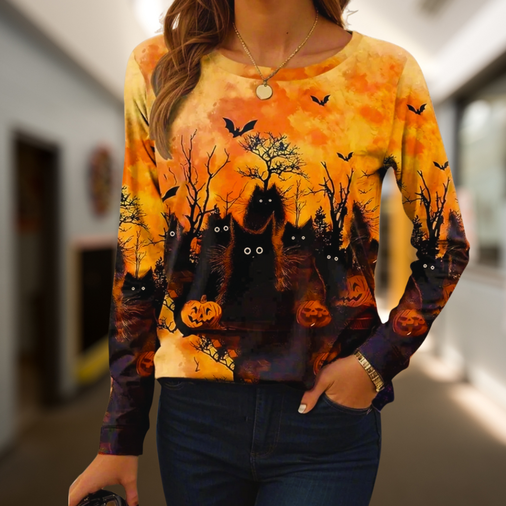 Women's Halloween Sweatshirts – Witch, Pumpkin & Cat Print Long Sleeve Crew Neck Sweater | Casual Autumn/Winter Top with Slight Stretch