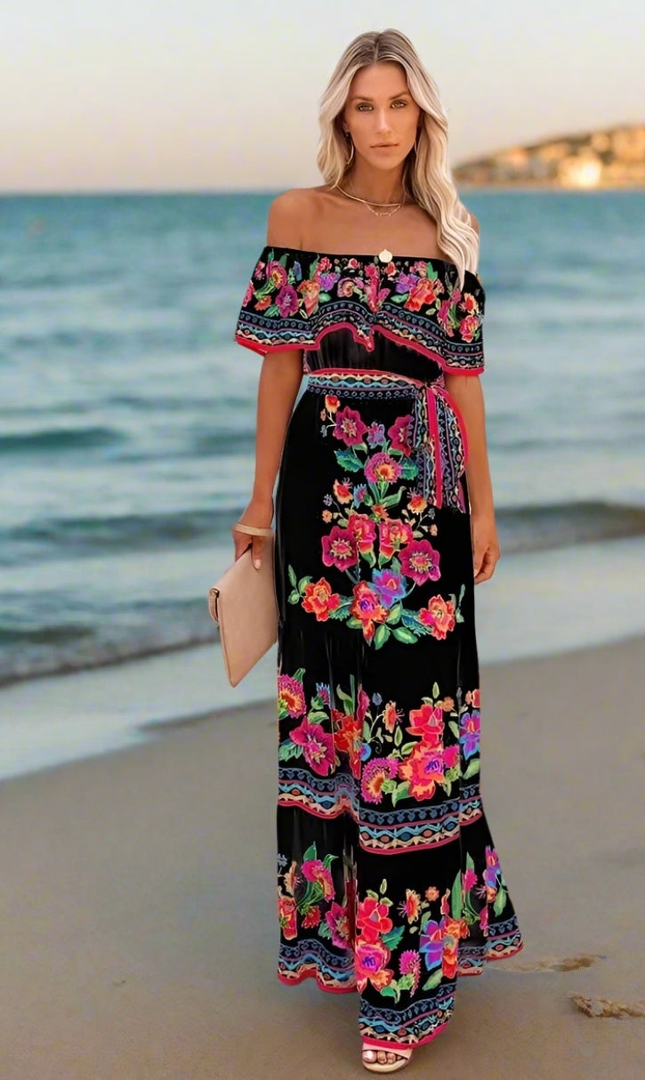 Elegant One-Shoulder Floral Maxi Dress with Lace-Up Waist