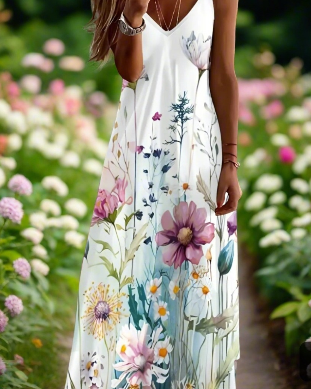 Boho Floral Maxi Dress – Women's V-Neck Spaghetti Strap Summer Beach Dress