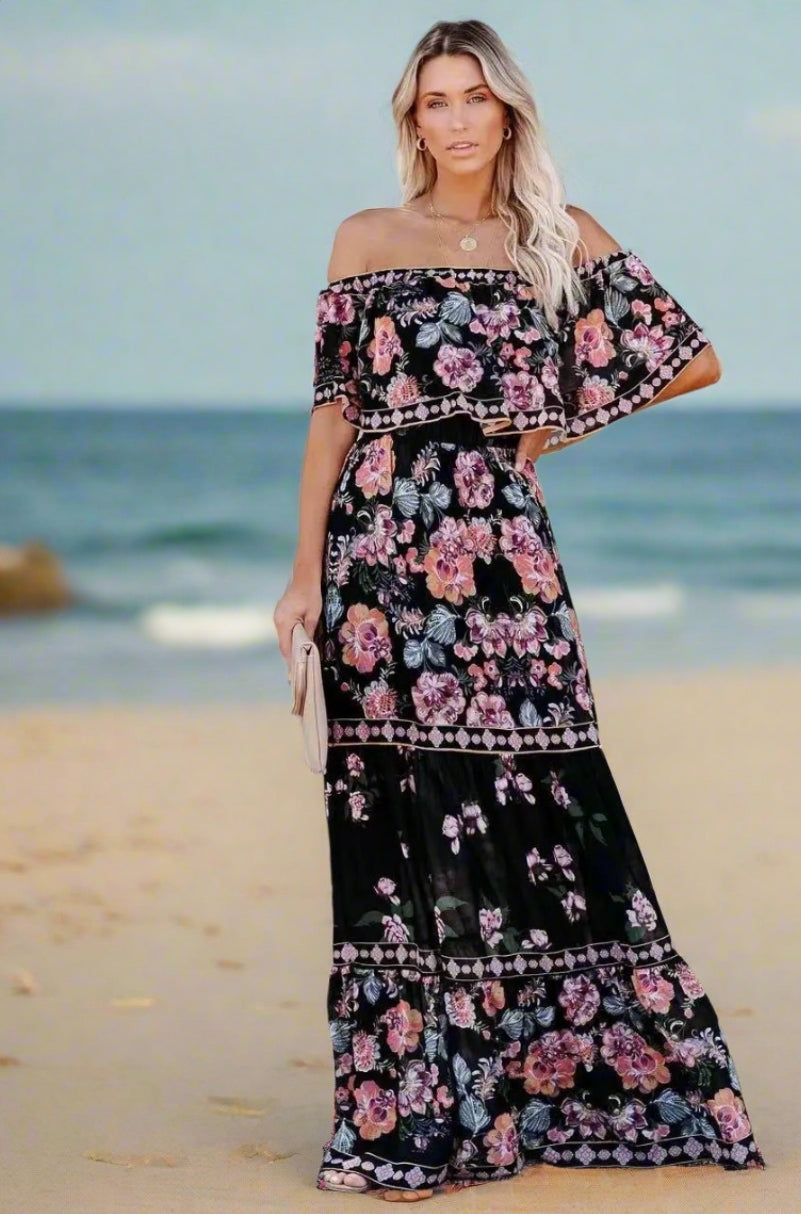 Elegant One-Shoulder Floral Maxi Dress with Lace-Up Waist