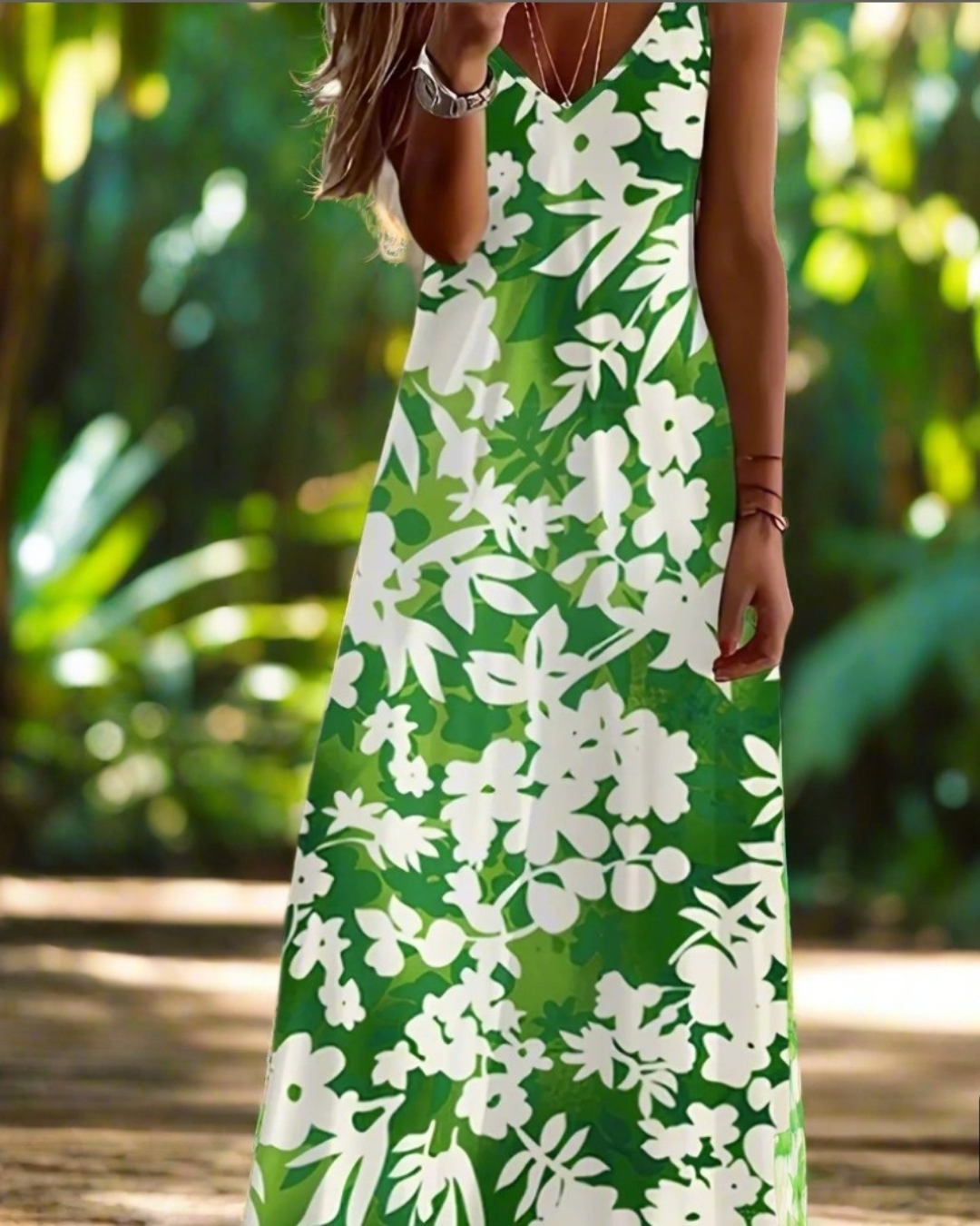 Boho Floral Maxi Dress – Women's V-Neck Spaghetti Strap Summer Beach Dress