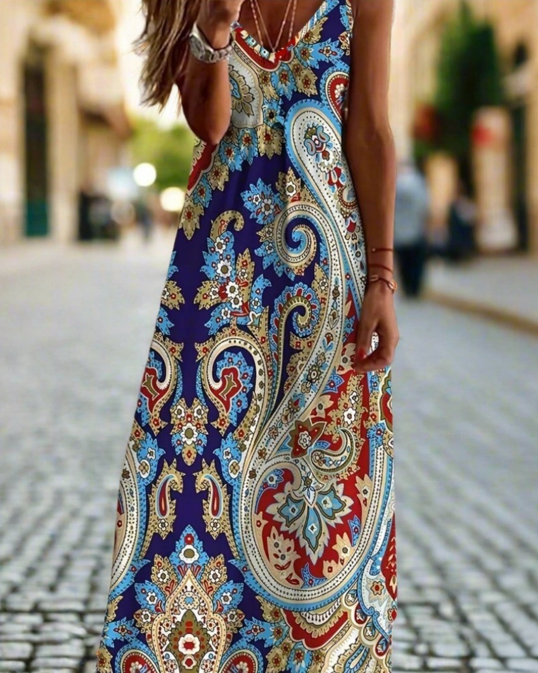 Boho Floral Maxi Dress – Women's V-Neck Spaghetti Strap Summer Beach Dress