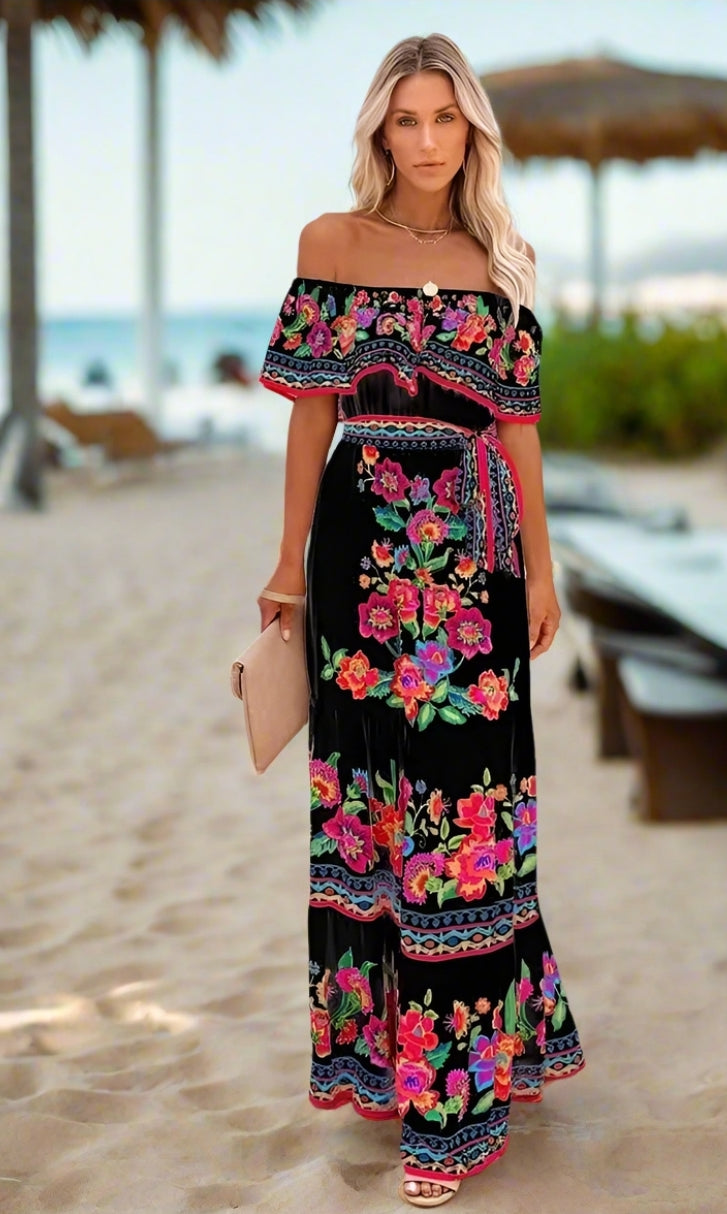 Elegant One-Shoulder Floral Maxi Dress with Lace-Up Waist