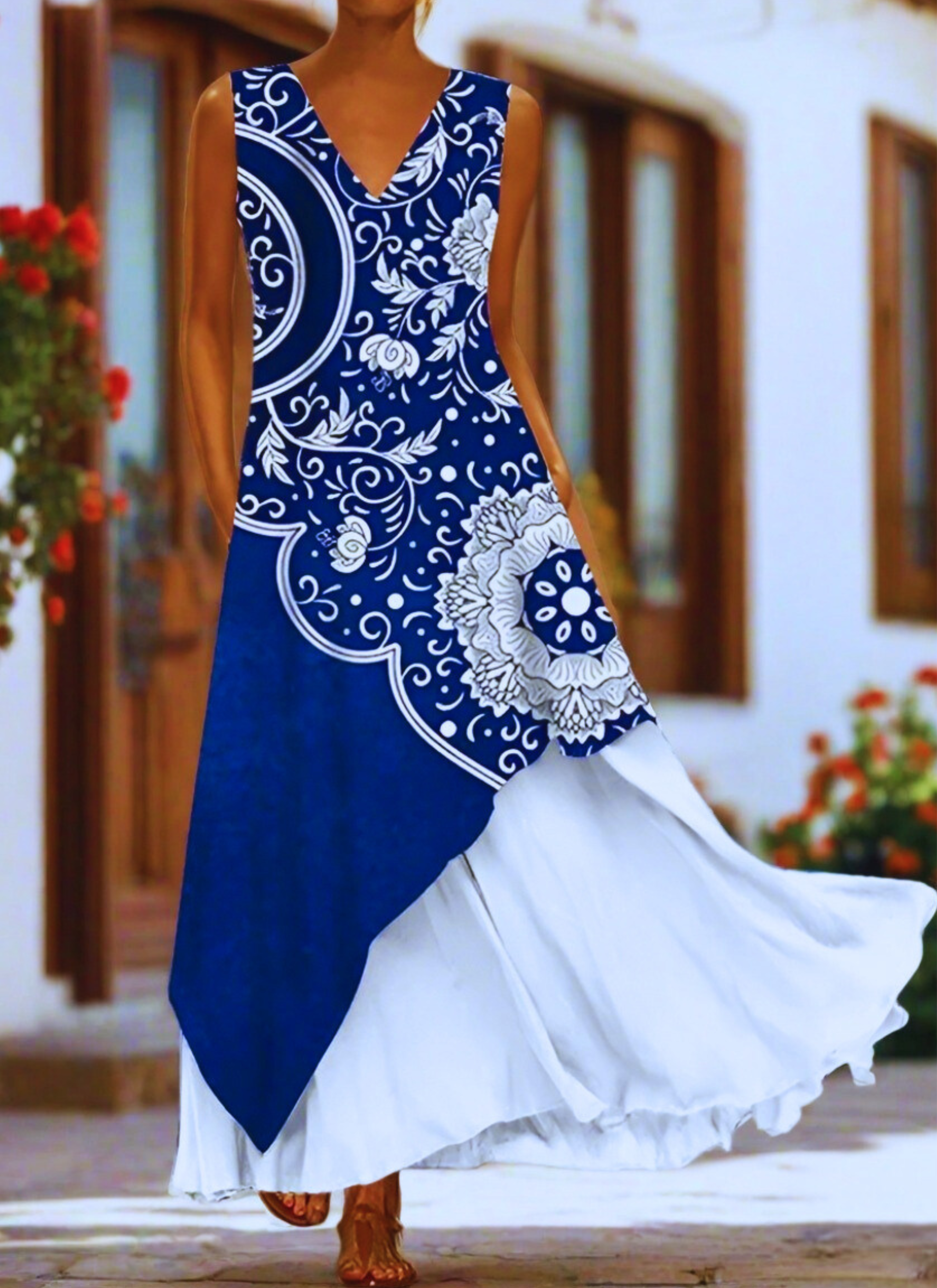 Boho Sleeveless V-Neck Long Dress – Women's Layered Summer Maxi with Floral Print