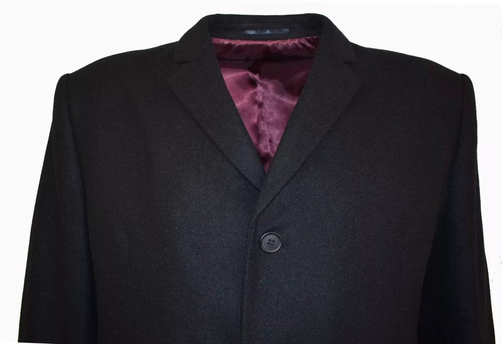 SCOTT Men's Melton Black Overcoat Notch Lapel with 2 straight Side Pockets, Size 42-60