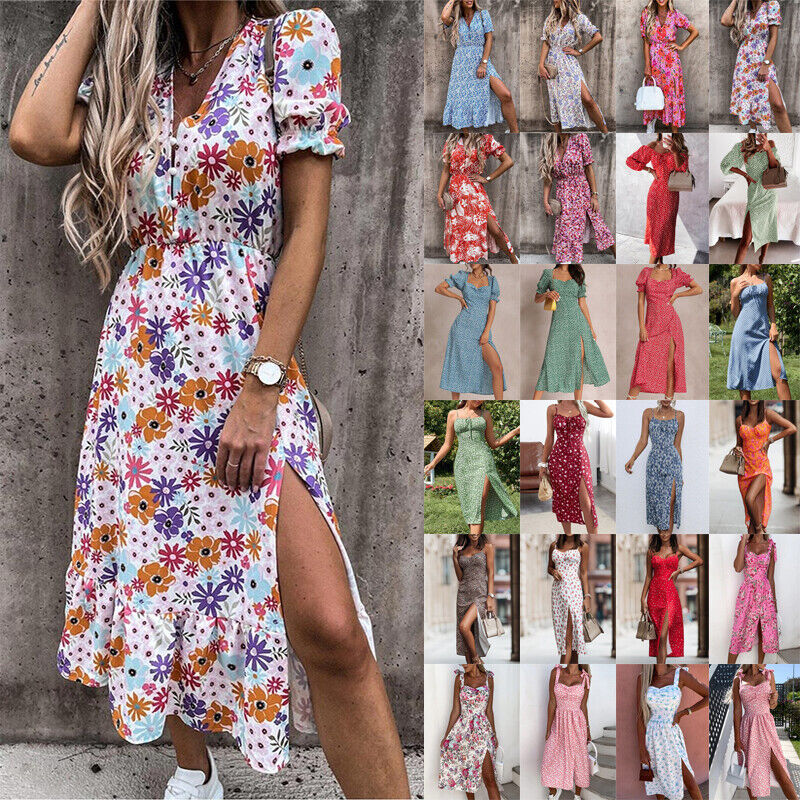 Womens Summer Floral Strappy Cami Midi Dress Ladies Holiday Beach Split Sundress