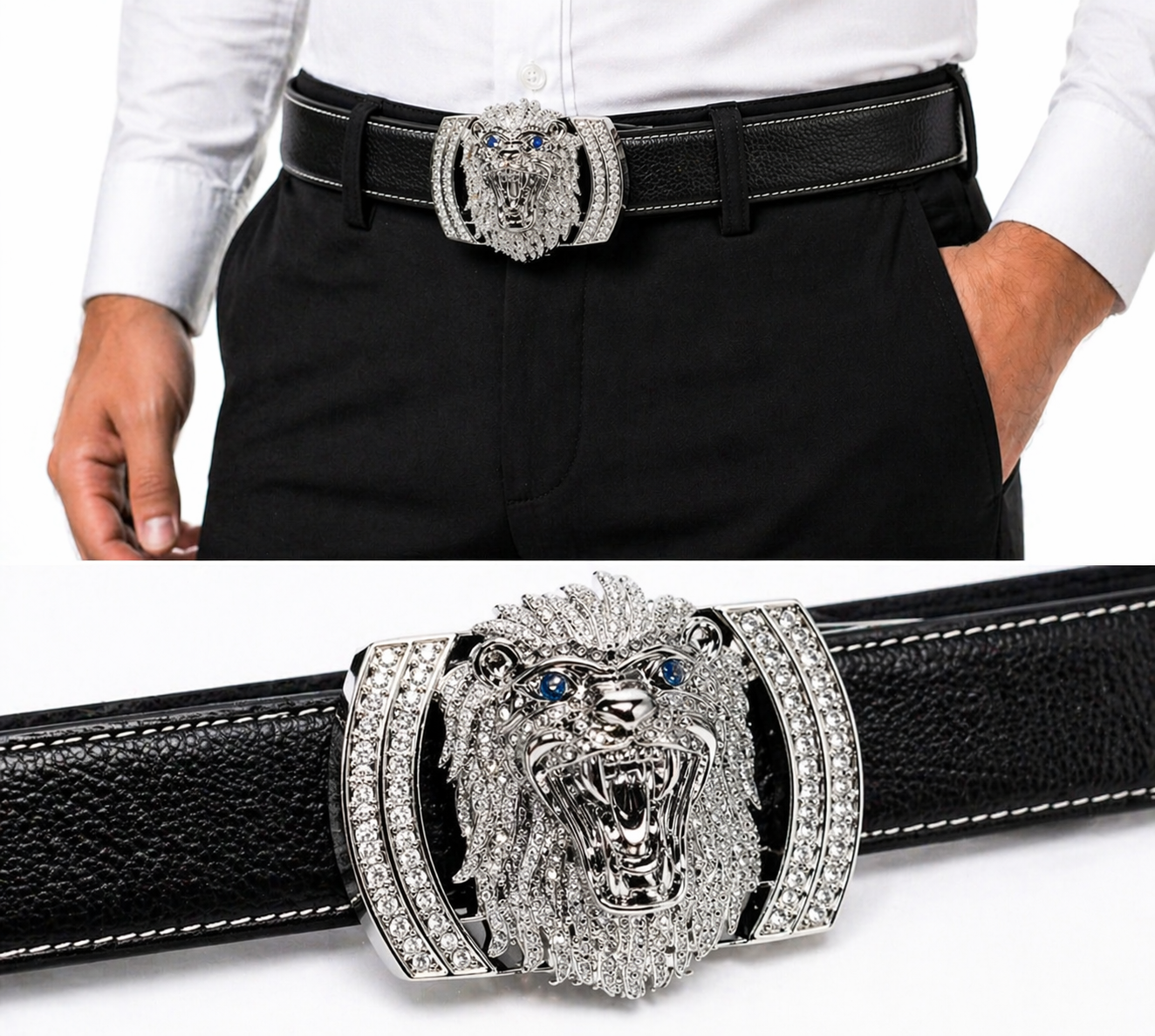 QHA Men's Designer Lion Buckle Leather Belt – 38mm, Statement Waist Belt Q3-01 - additional view 6