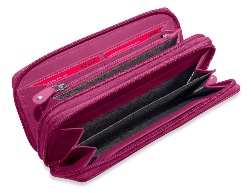 SADDLER GABRIELLA Leather Double Zip Around Purse - 8 Card Slots, Phone Pocket, and Coin Purse - RFID Protected