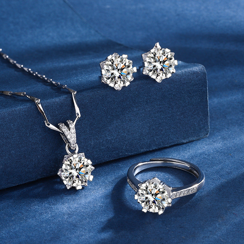 Snowflake Three-pieces Moissanite Ring Necklace And Earring Set