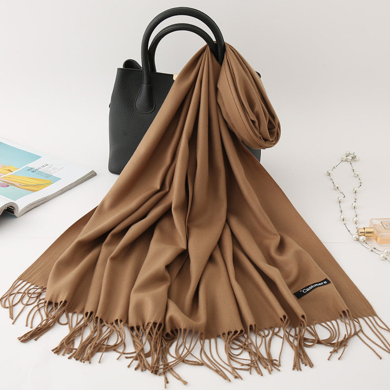 Solid Colour Imitation Cashmere Scarf, Women's Tassel Shawl